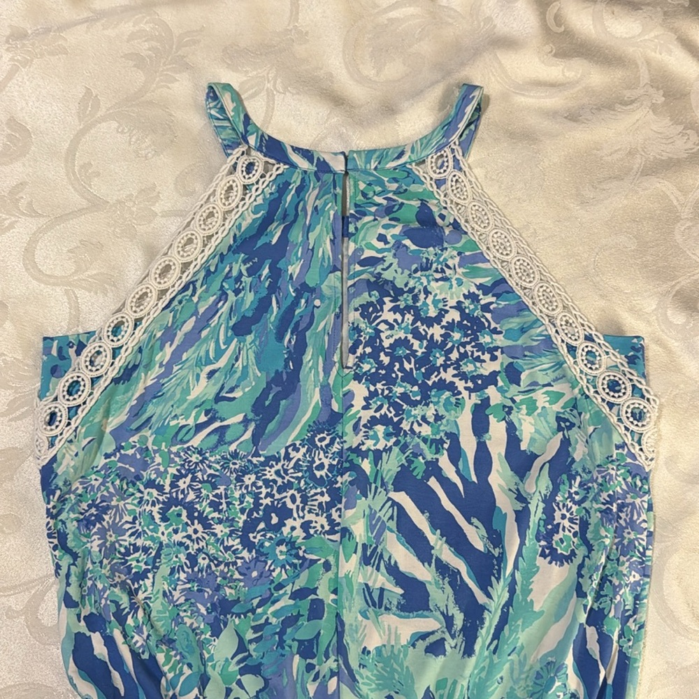 Lilly Pulitzer Blue Green Printed Lace-Trim Halter Romper - Picture 3 of 8